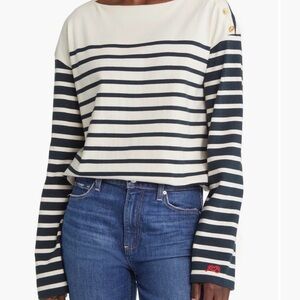 rag & bone Navy and Cream Bardot Stripe Shoulder Button Cotton Top Size Small